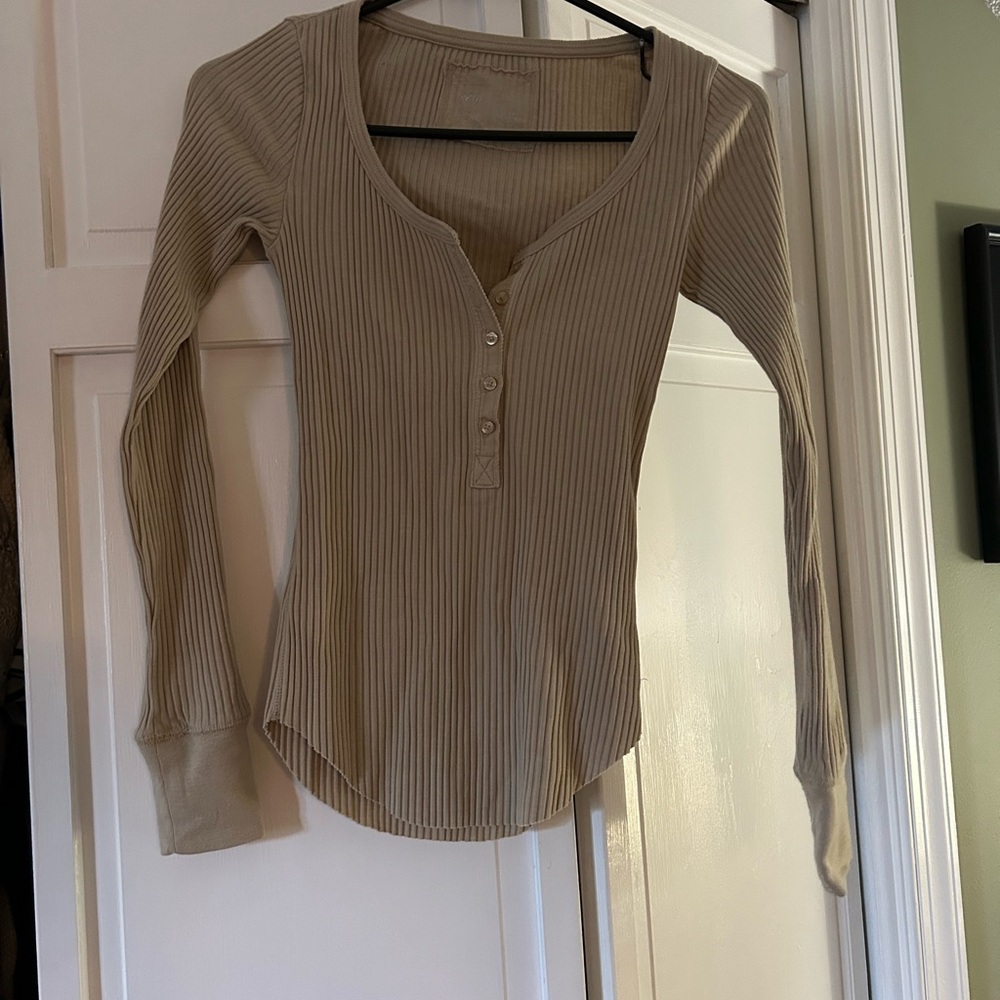 Aerie Taupe Ribbed Long Sleeve Top
